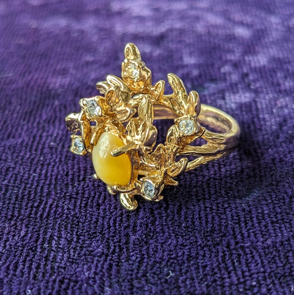 Vintage Gold Plated 3D Flower Branches Ring, Cat Eye Insert
